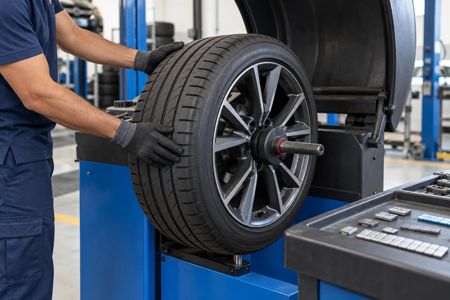 Wheel and tyre assembly on a balancing machine