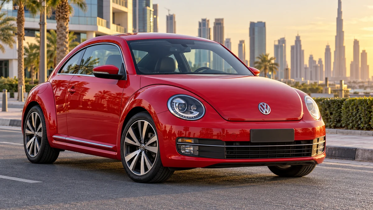 Red 2016 Volkswagen Beetle coupe parked in Dubai
