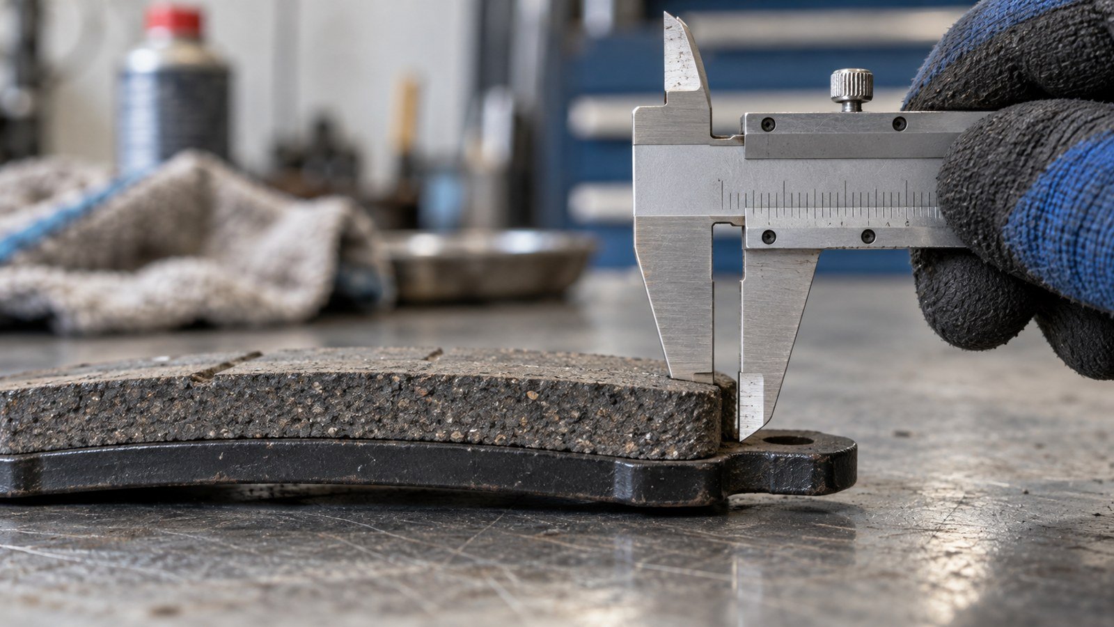 Measuring VW brake pad friction material thickness in millimetres