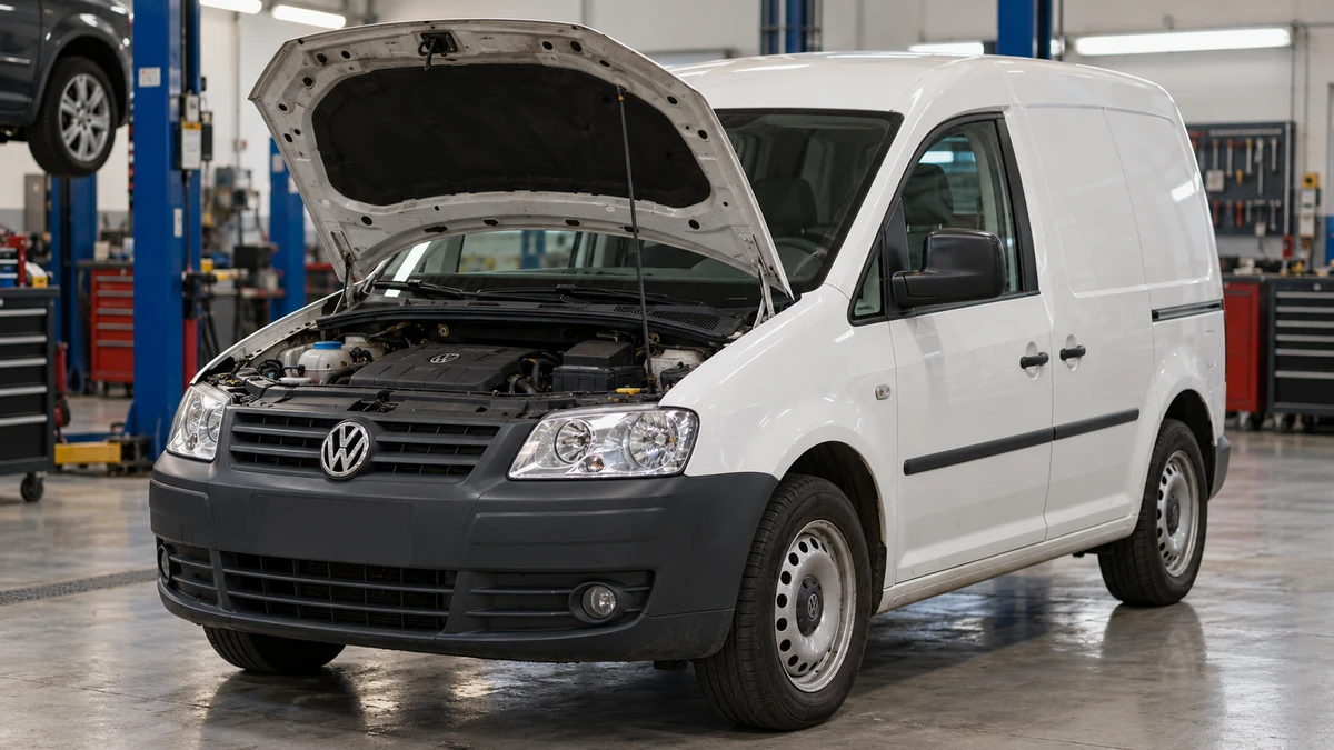 White Volkswagen Caddy 3 with bonnet open in a repair workshop