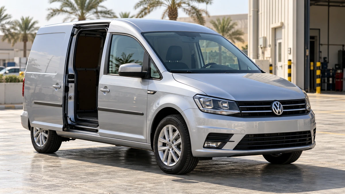 Silver Volkswagen Caddy 4 on a Dubai workshop forecourt with sliding door open