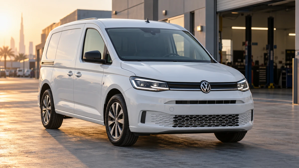 White 2021 Volkswagen Caddy 5 outside a workshop in Al Quoz, Dubai