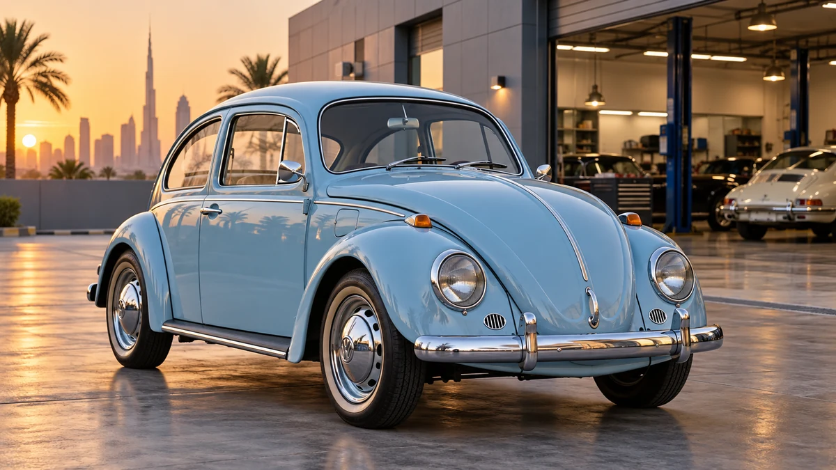 Restored light blue classic Volkswagen Beetle outside a workshop