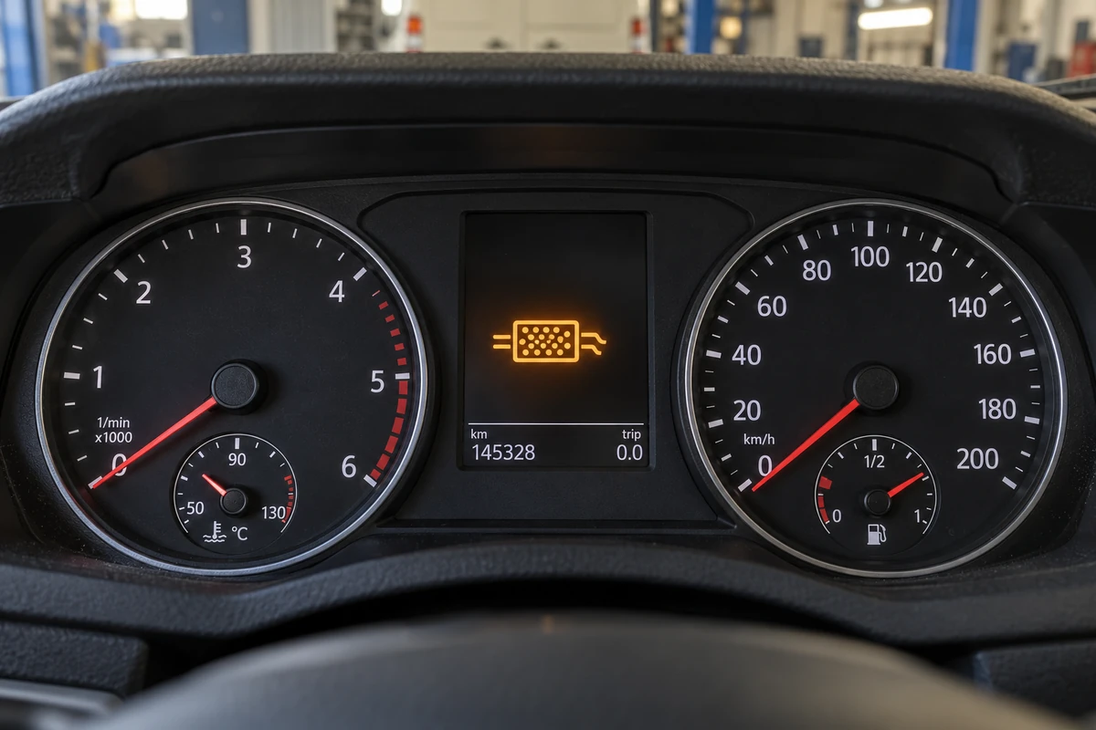 Volkswagen Crafter instrument display showing a particulate filter warning