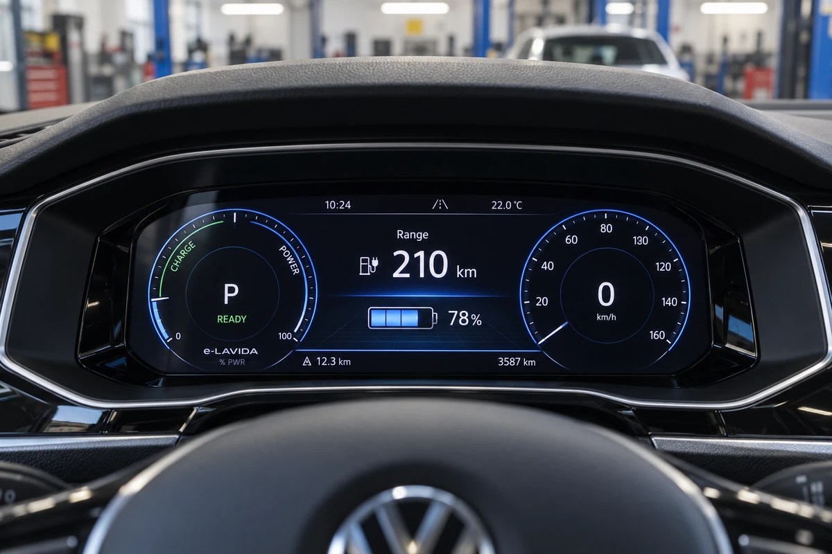 Volkswagen e Lavida dashboard showing driving range