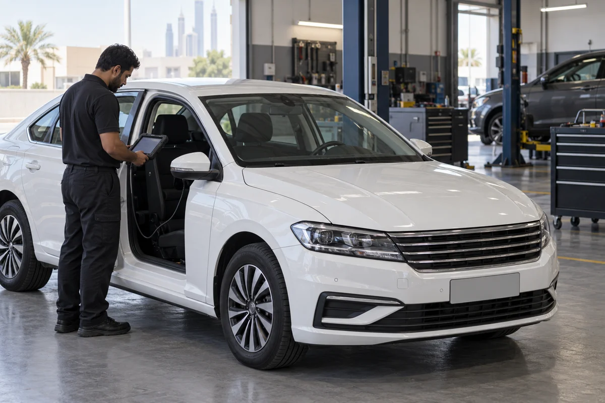 Diagnostic check being carried out on a Volkswagen in the workshop