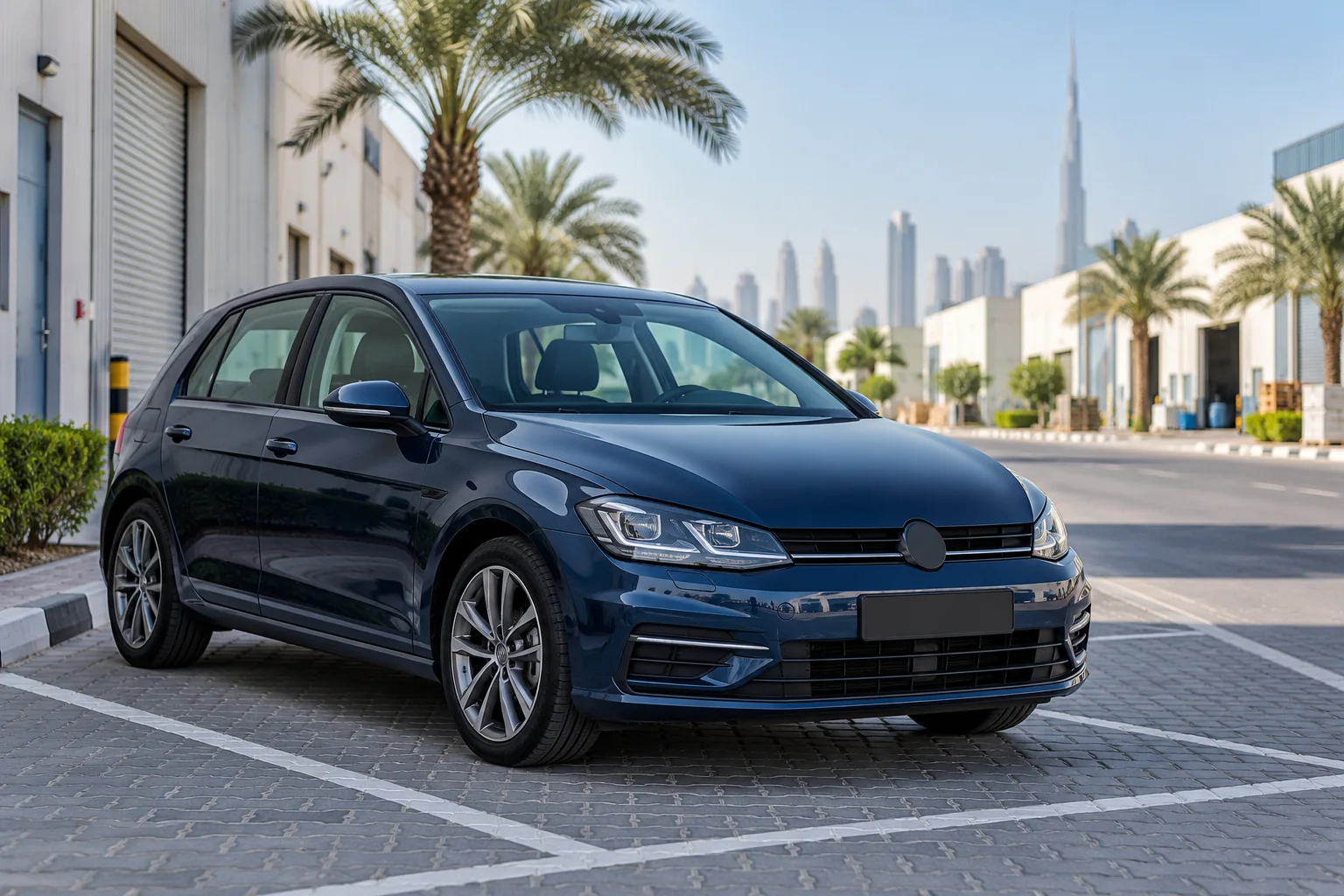 Illustration of a hatchback parked in a Dubai workshop area