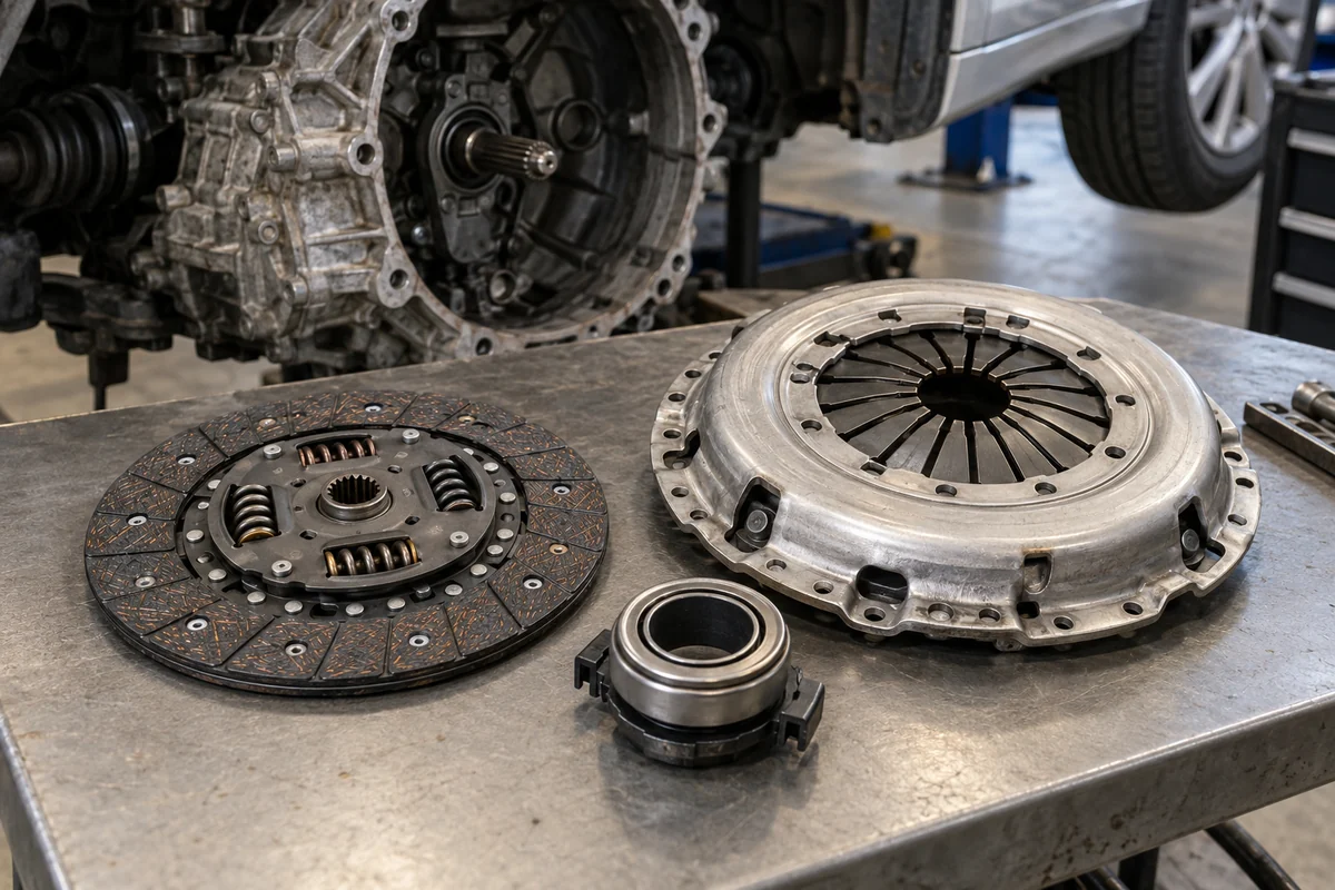 Jetta clutch disc, pressure plate and release bearing on a workbench