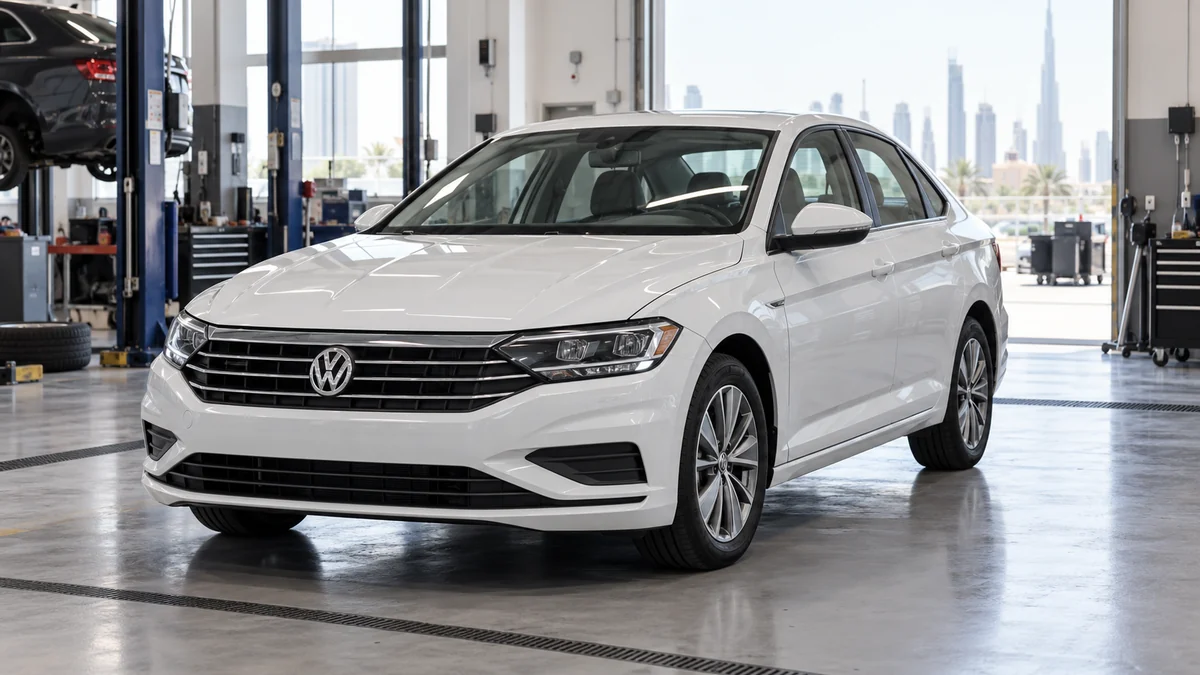White Volkswagen Jetta shown in a workshop