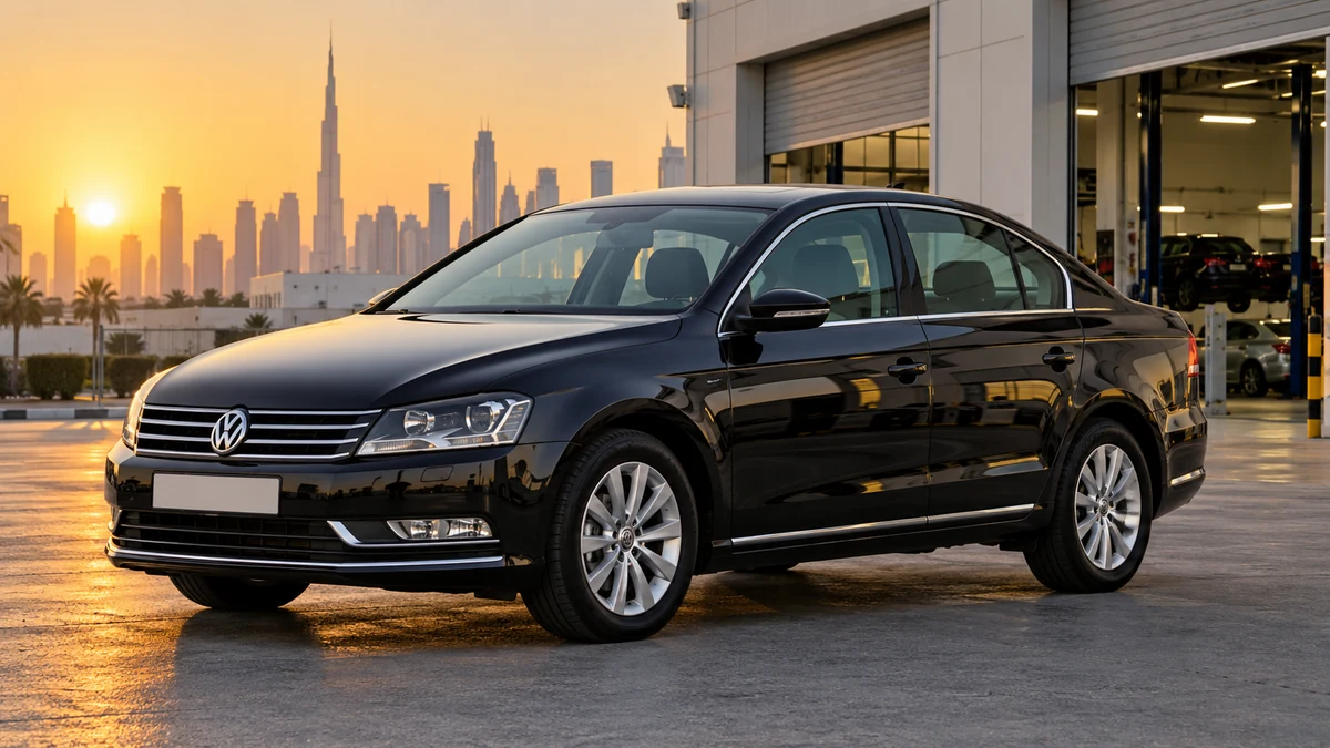 Black Volkswagen Passat B7 outside a workshop at golden hour