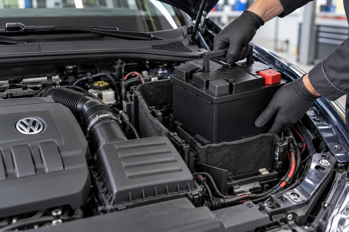 Technician fitting a new battery in a Volkswagen Passat