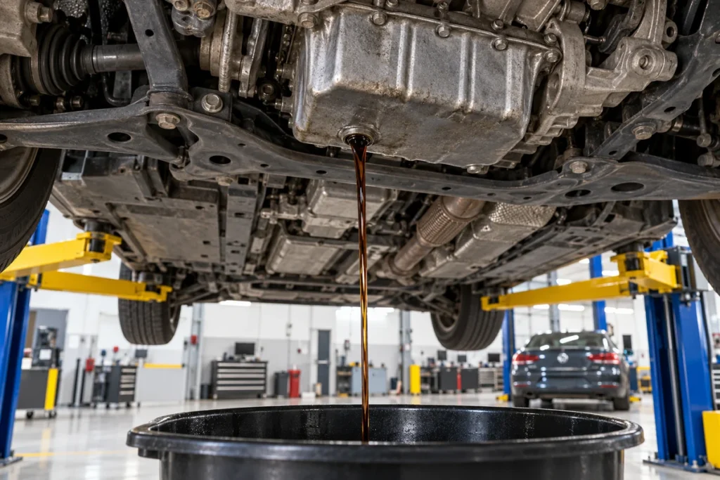 Engine oil draining from a raised Volkswagen Passat into a drain pan