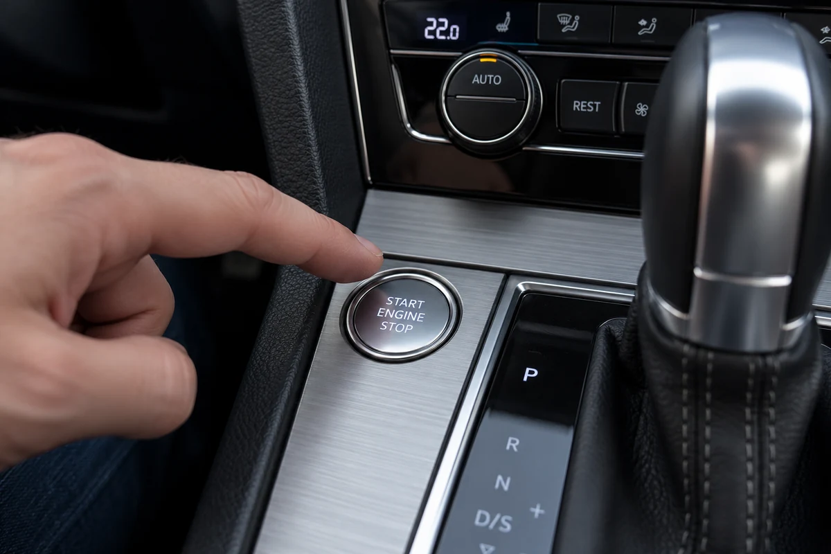 Hand about to press the illuminated engine start stop button in a Passat