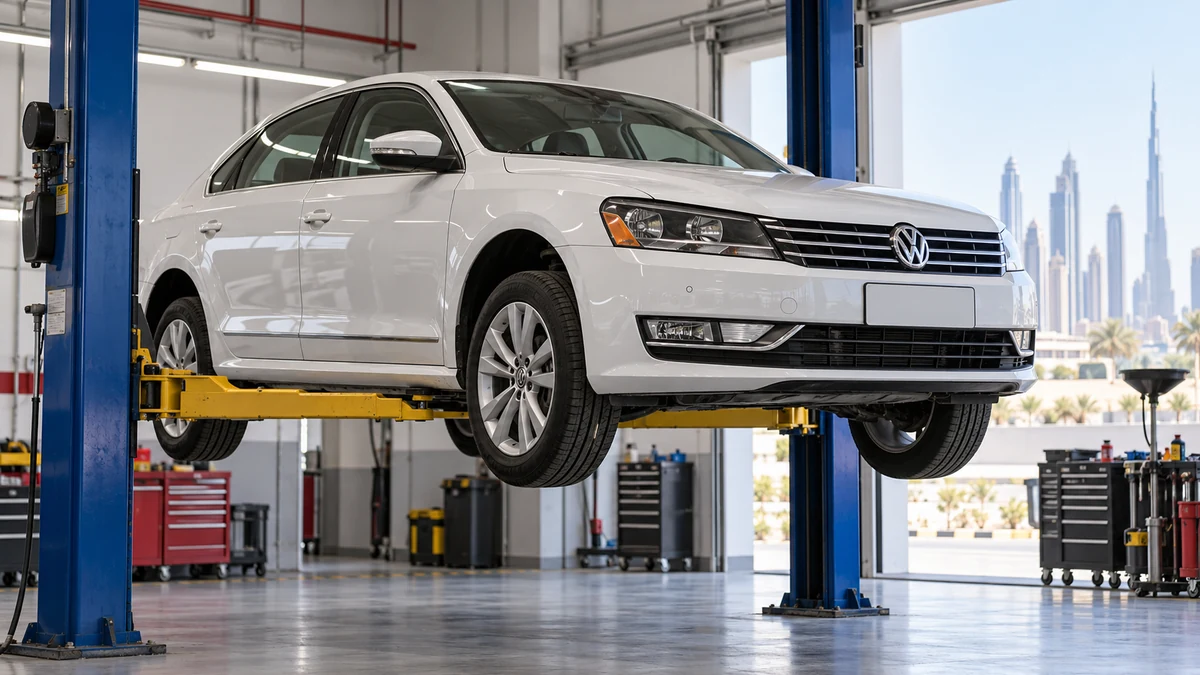 Volkswagen Passat on a lift at our Al Quoz workshop