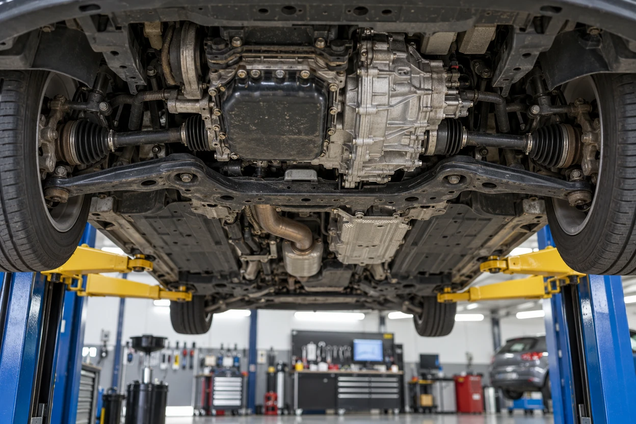 Automatic gearbox of a VW Polo seen from under the car on a lift
