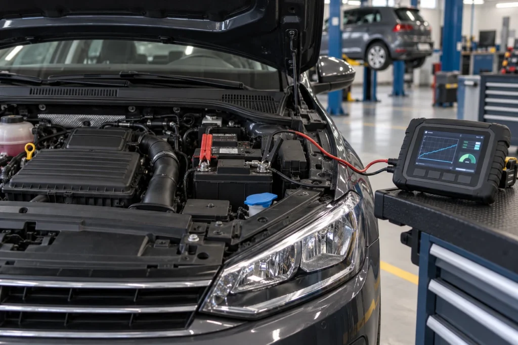 Charging system tester connected to the battery of a Volkswagen Polo