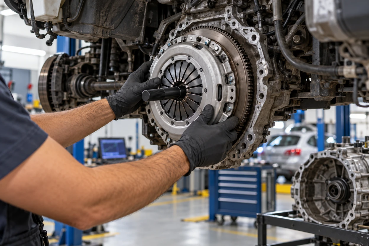 Clutch fitting work beside a Volkswagen Polo gearbox