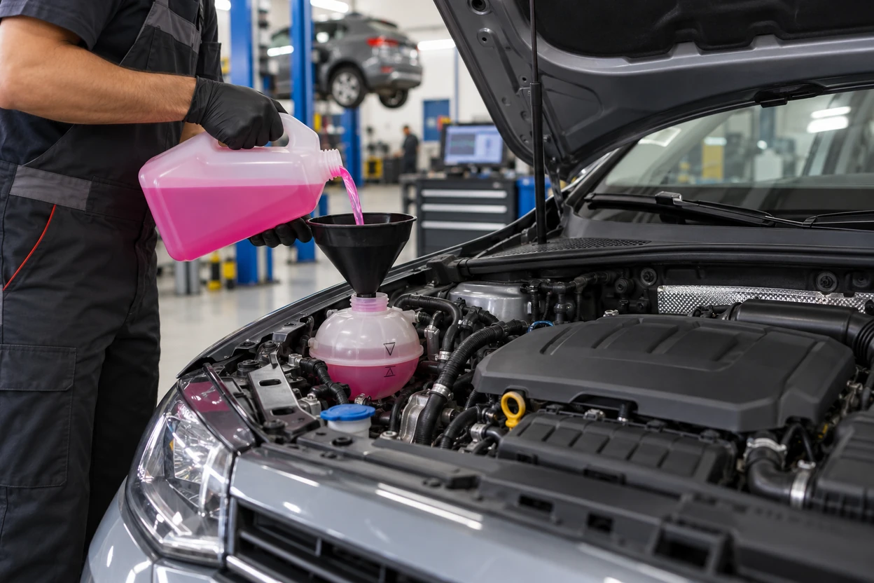 Technician refilling a VW Polo with pink VW coolant