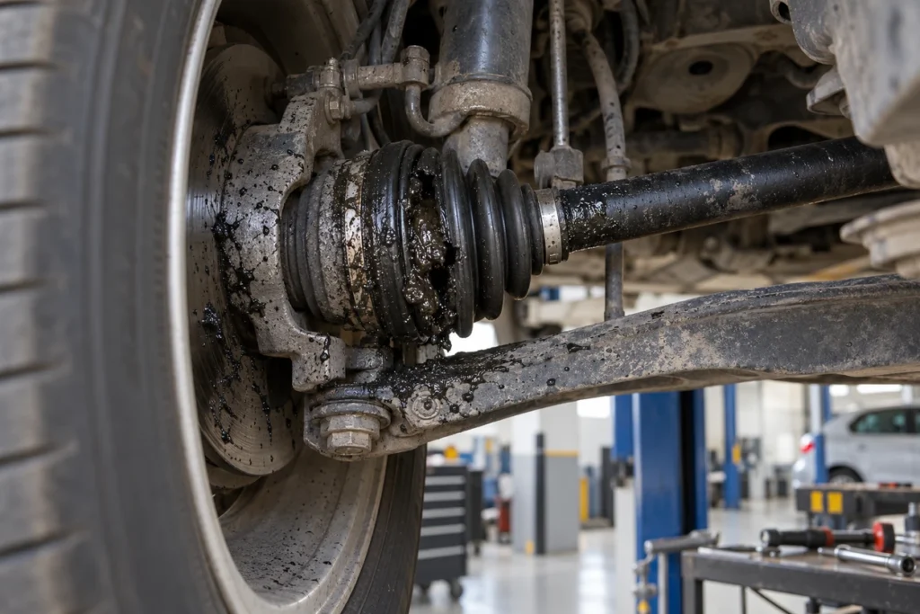 Split CV boot with grease thrown around the wheel area on a Volkswagen Polo