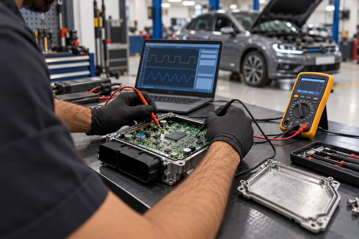 Technician testing a VW Polo engine control unit on the bench