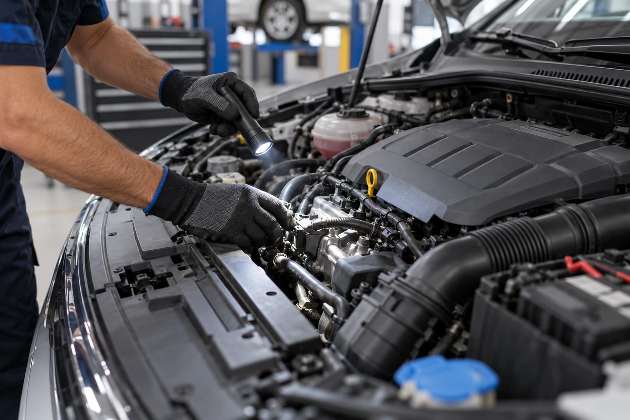 Technician checking the engine bay of a VW Polo