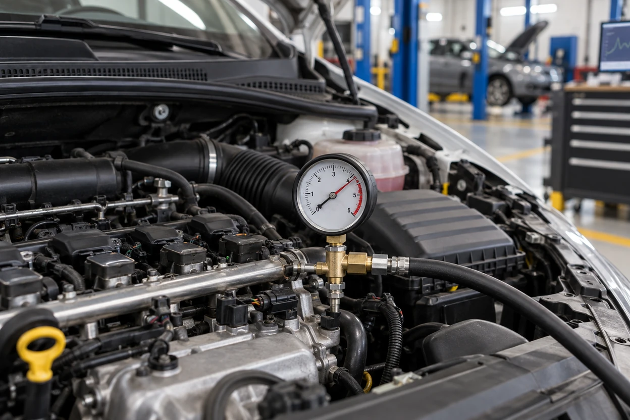 Fuel pressure gauge connected to a Volkswagen Polo engine