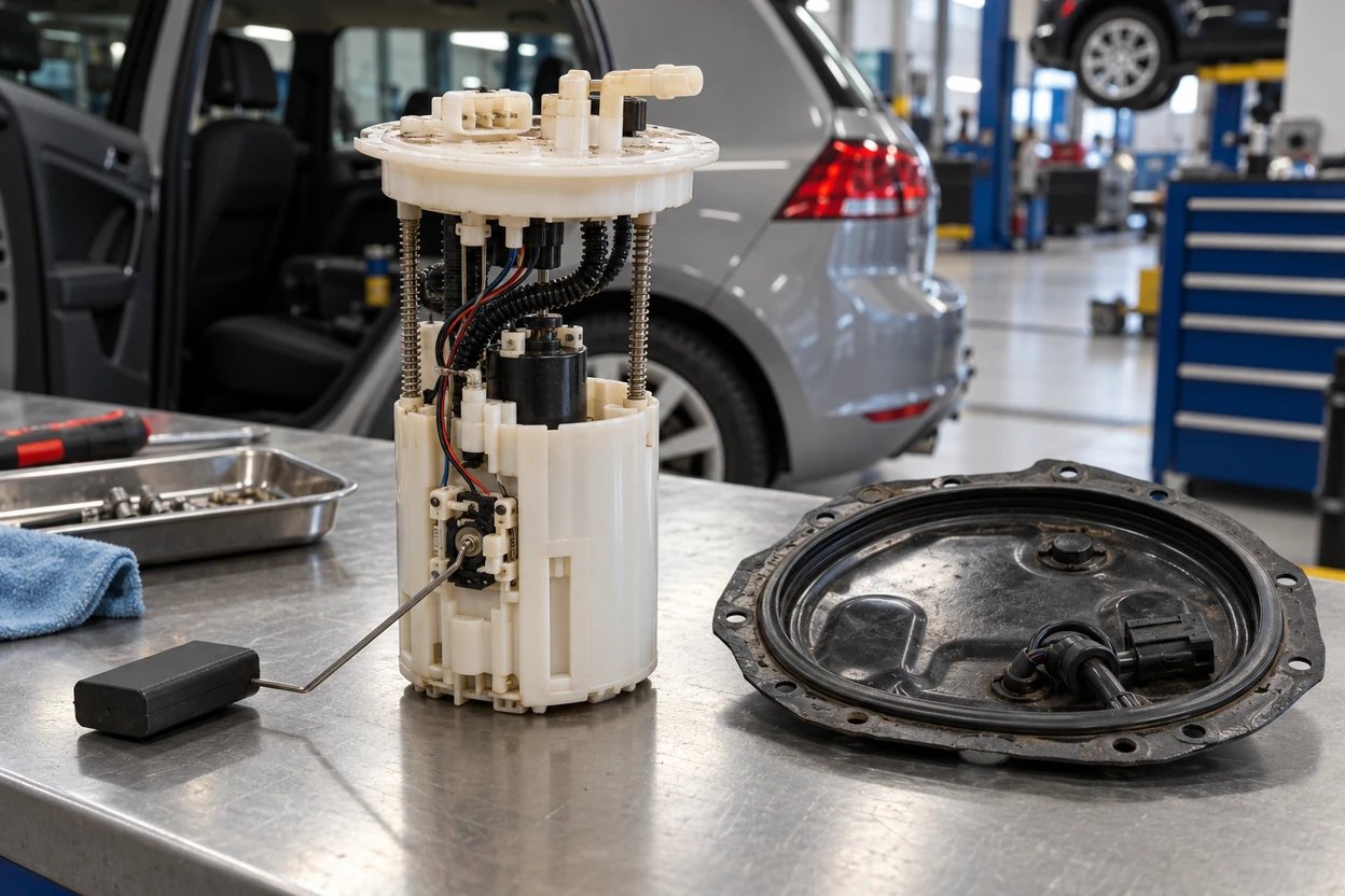 Fuel pump module with built in filter removed from a VW Polo tank