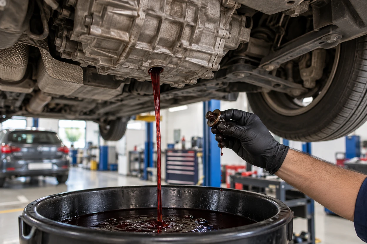Technician draining old gearbox fluid from a VW Polo