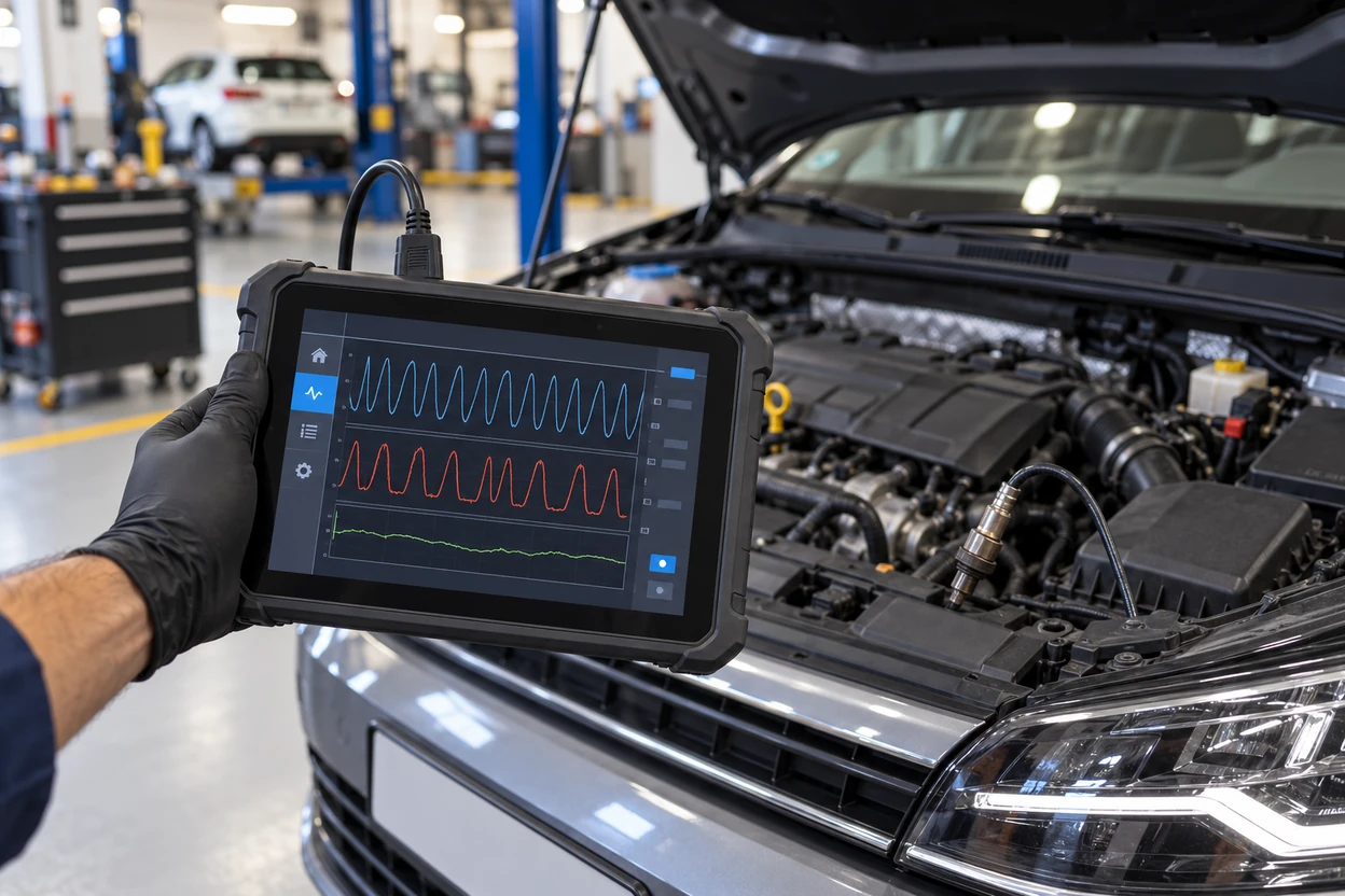 Diagnostic tablet showing oxygen sensor live data for a VW Polo
