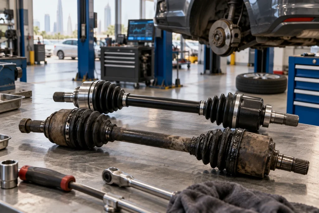 New drive shaft ready to fit to a Volkswagen Polo after a worn CV joint was found