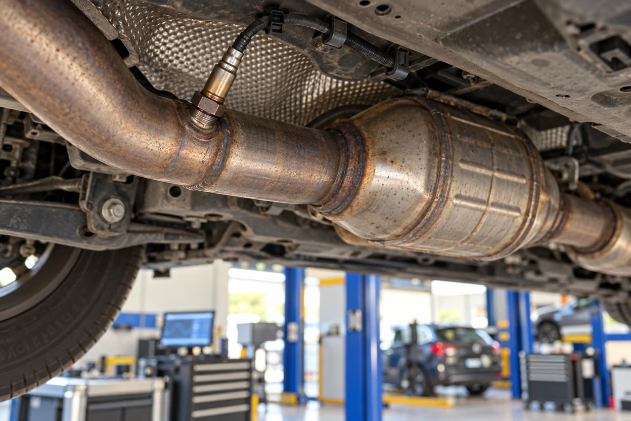 Oxygen sensor fitted in the exhaust of a Volkswagen Polo seen from under the car