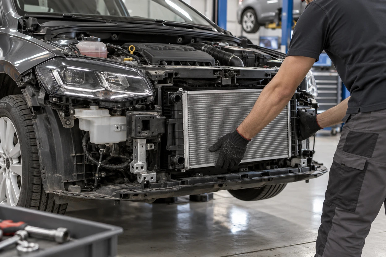 Technician fitting a new radiator to a VW Polo