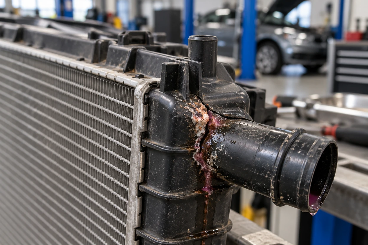 Coolant leaking from the end tank of a VW Polo radiator