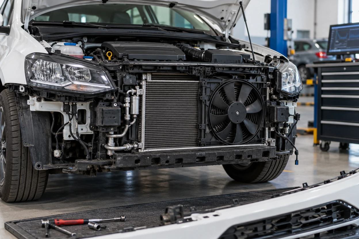 Front radiator of a VW Polo with the bumper removed in a workshop
