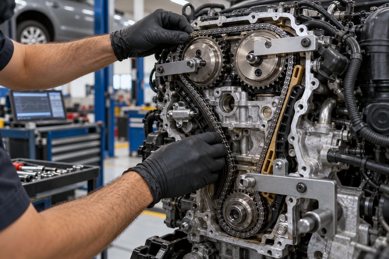 Technician fitting a timing chain to a VW Polo engine