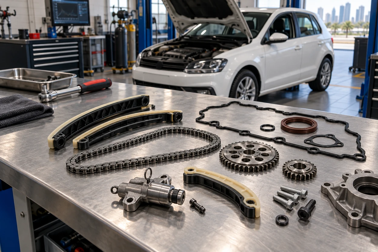 New timing chain kit for a VW Polo laid out on a workbench
