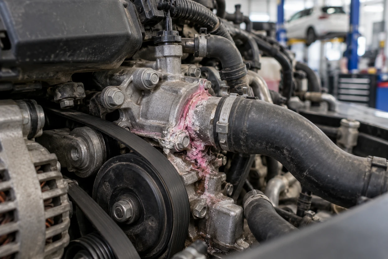 Coolant crust around a leaking water pump on a VW Polo engine