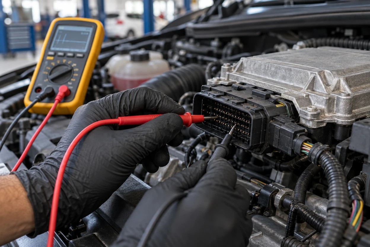 Multimeter testing the ECU wiring on a VW Polo
