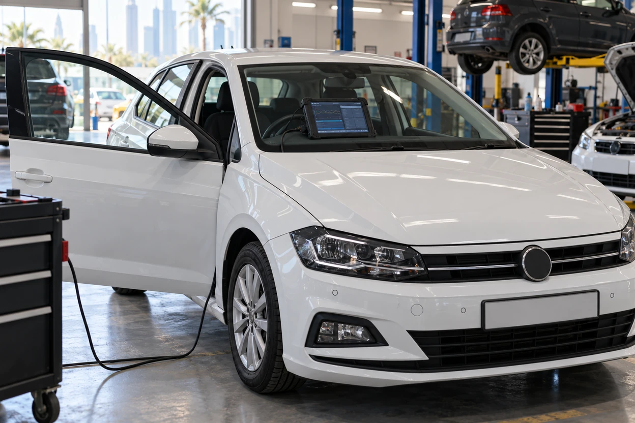 VW Polo in our Al Quoz workshop with a diagnostic tablet on the dashboard