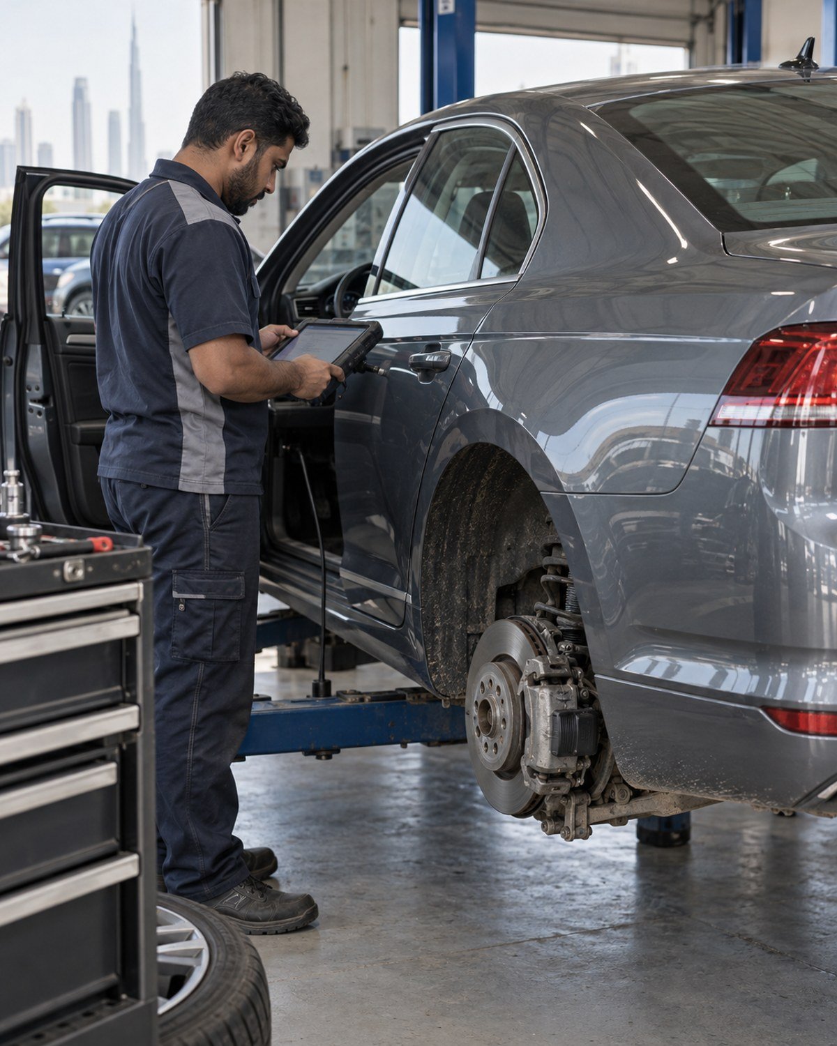 Diagnostic tool connected before Volkswagen rear brake work