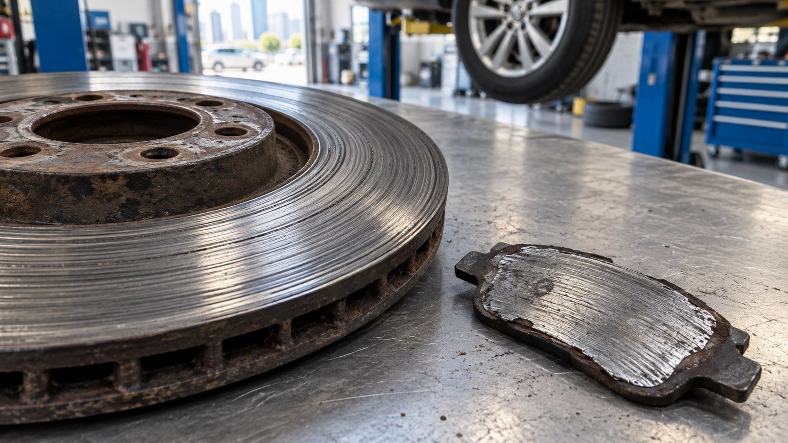 Scored brake disc and a VW brake pad worn to the backing plate