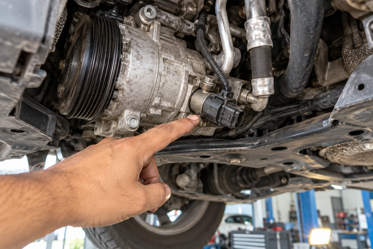 AI generated image Technician pointing at the control valve on a VW Tiguan AC compressor