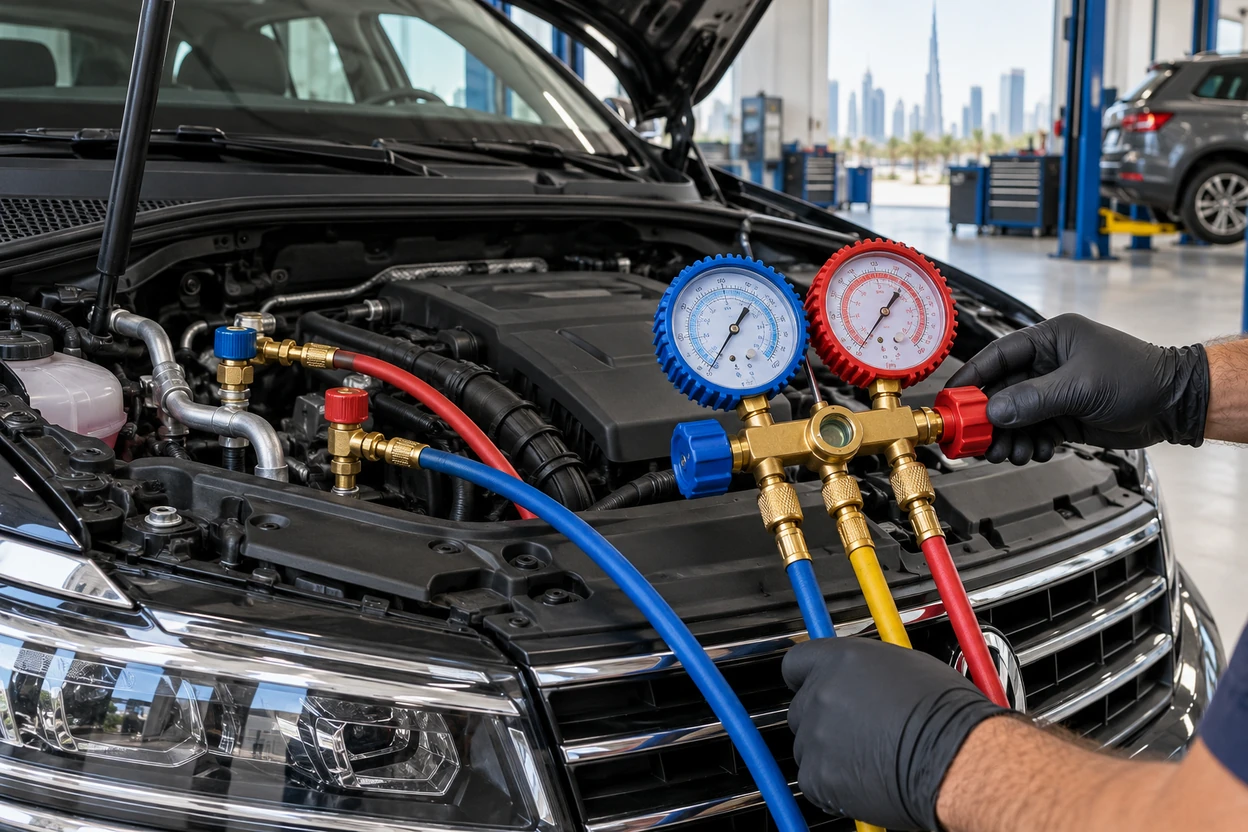 AI generated image AC pressure gauges connected to a VW Tiguan service ports