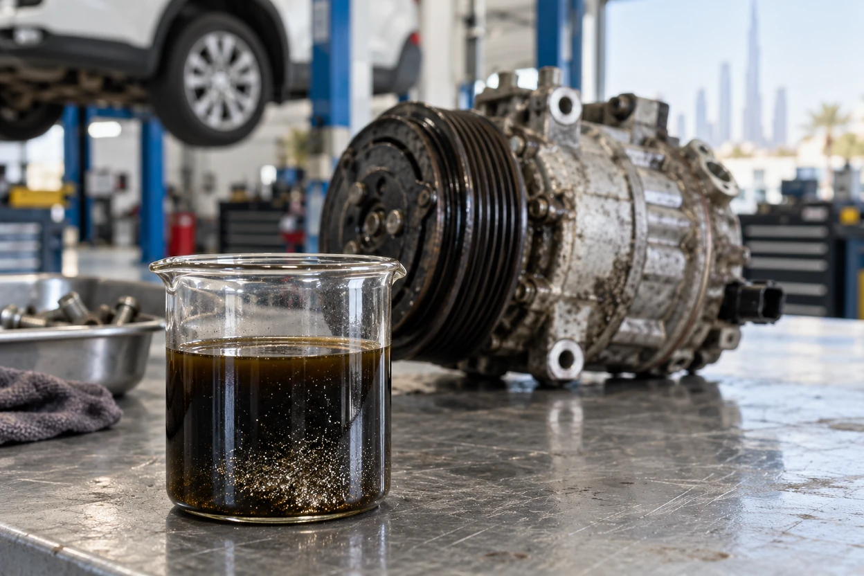 AI generated image Old AC compressor oil with metal particles drained from a VW Tiguan