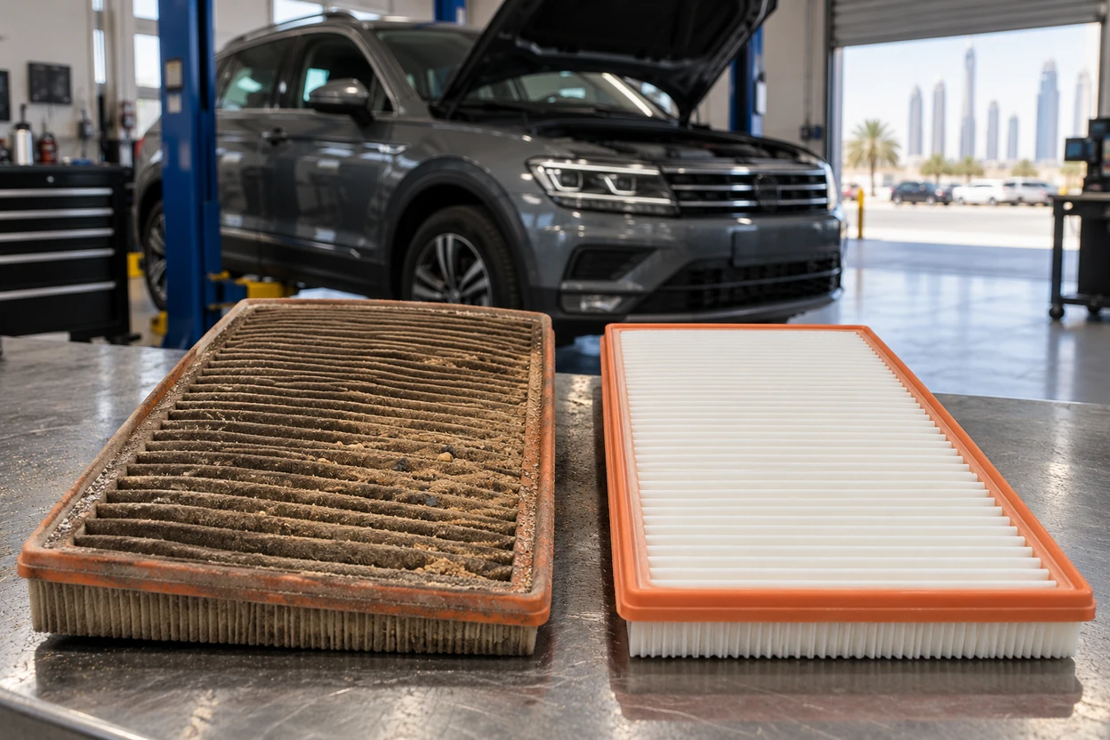 Dusty used air filter next to a clean new filter from a VW Tiguan