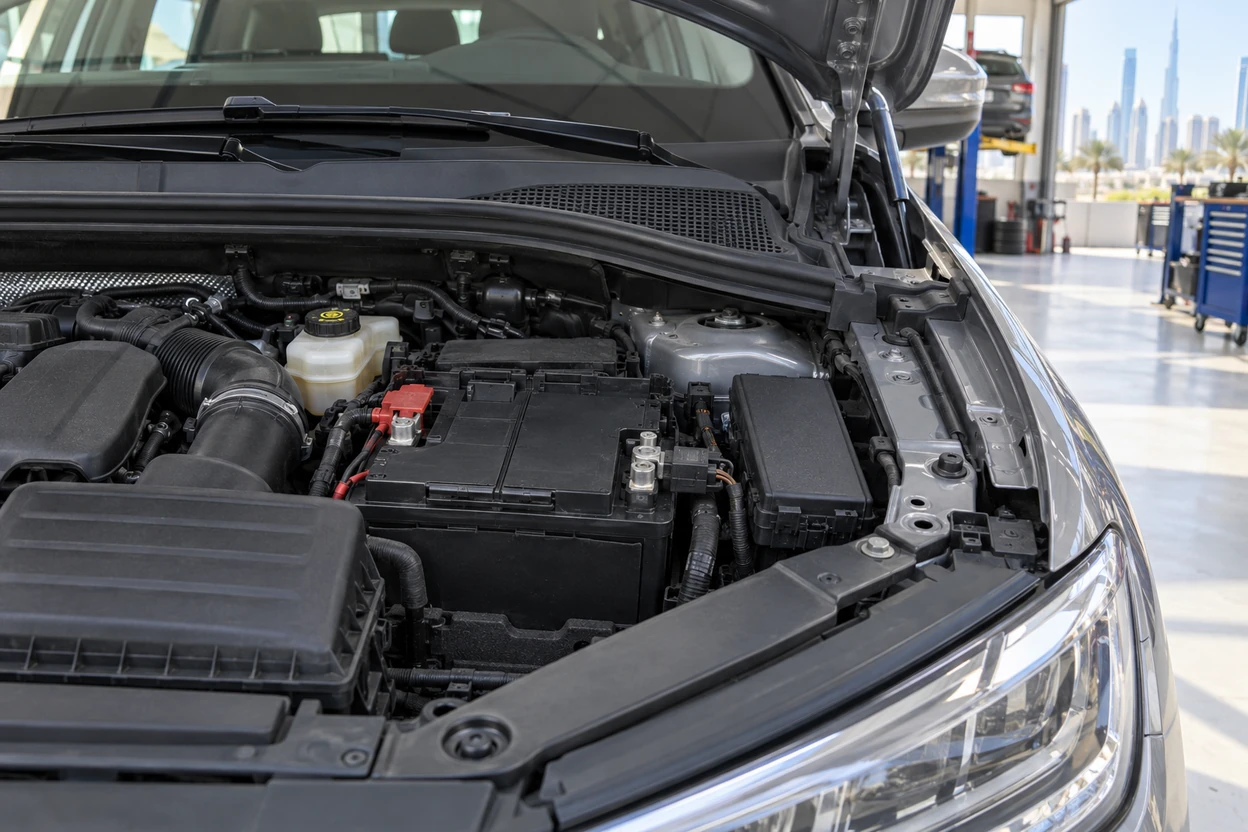 AGM battery in the engine bay of a VW Tiguan Mk2