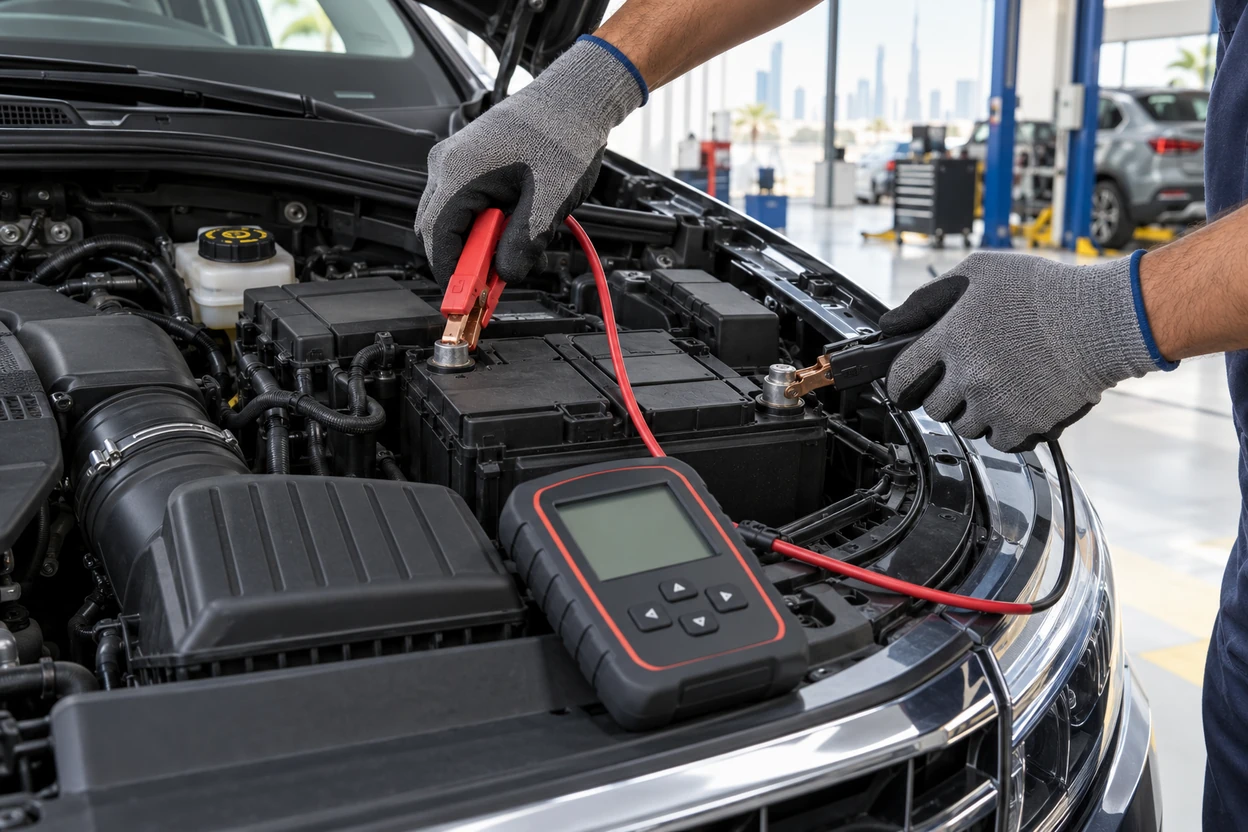 Technician testing a VW Tiguan battery with a battery tester on the terminals