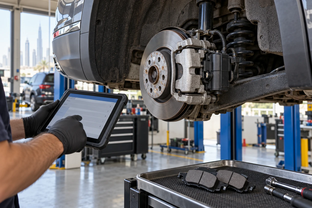 AI generated image Diagnostic tablet putting the electronic parking brake of a VW Tiguan into service mode beside the rear wheel