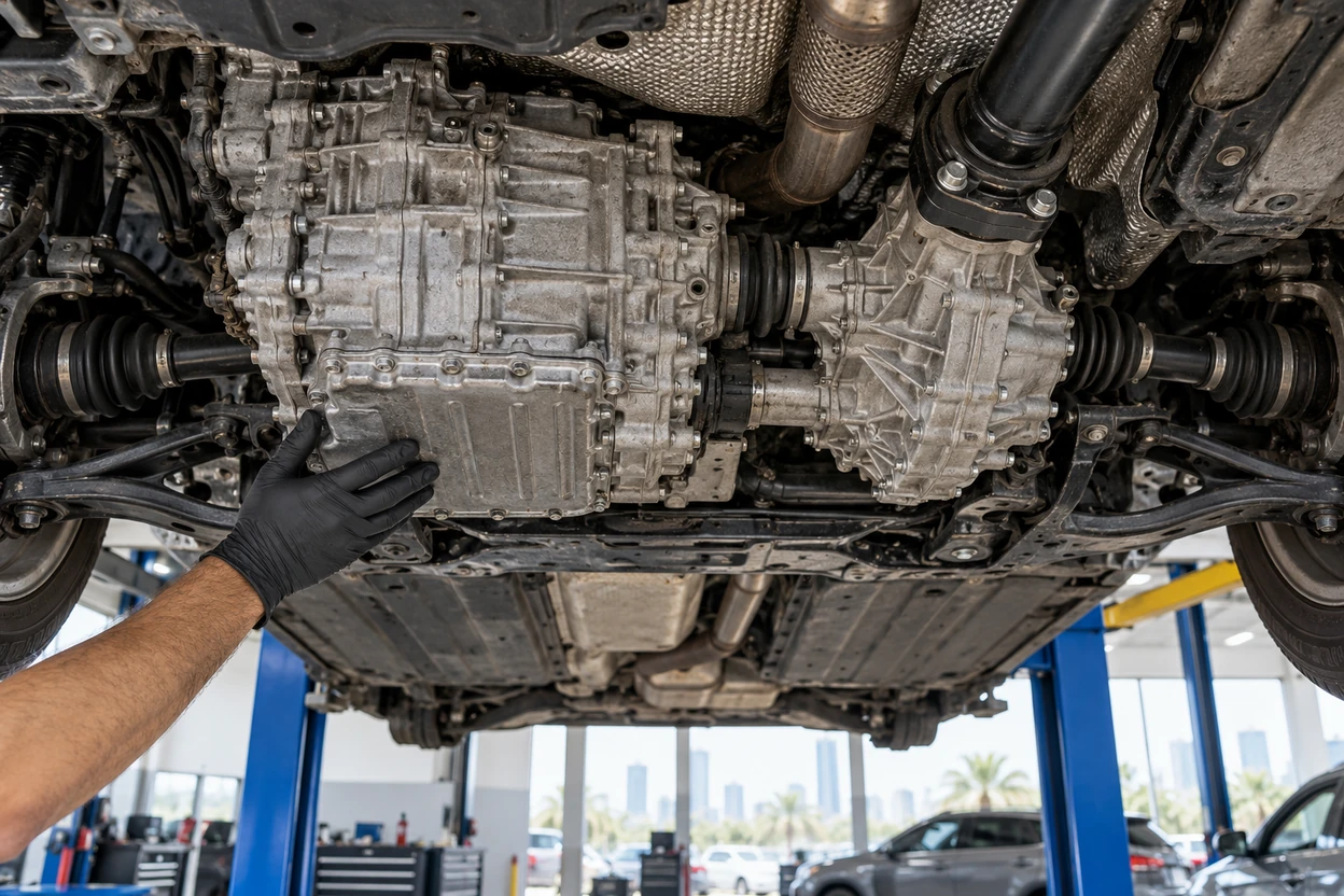 Seven speed DSG gearbox on a VW Tiguan seen from below on a workshop lift
