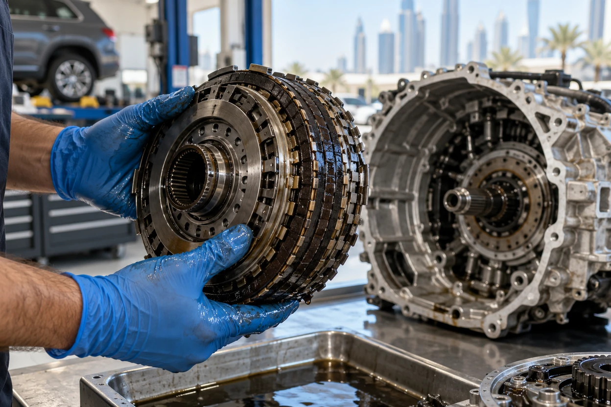 Technician holding a wet dual clutch pack removed from a VW Tiguan DSG gearbox